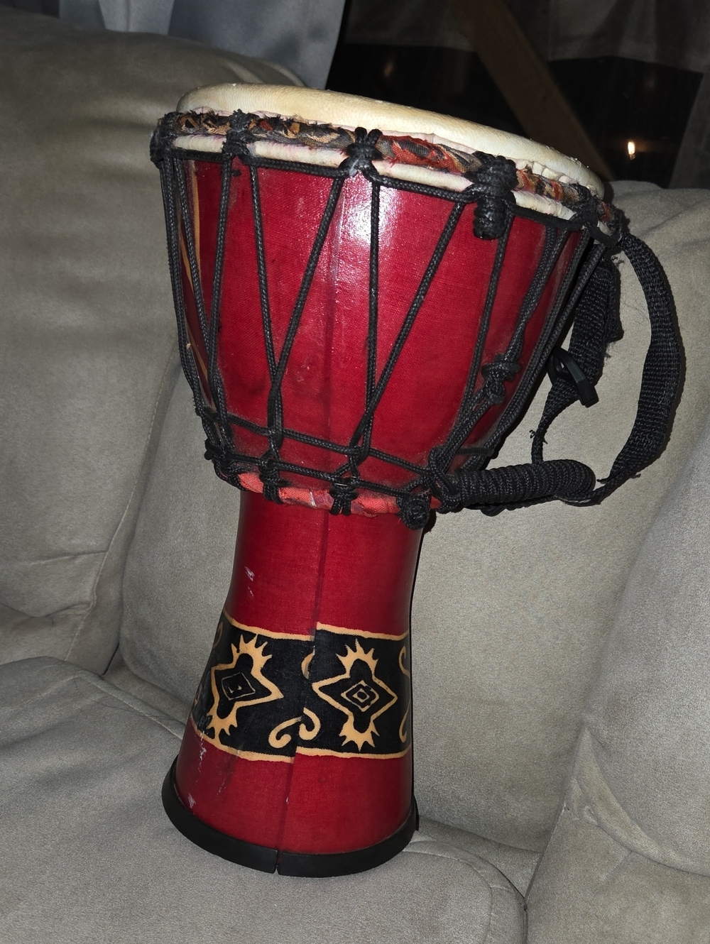 Red Hand-Painted Djembe Drum with Black Strap